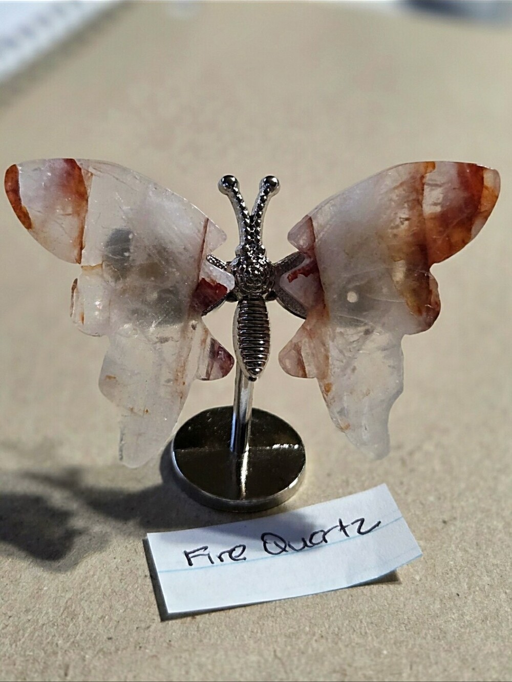 Fire Quartz Crystal Butterfly Wings On Metal Body Stand